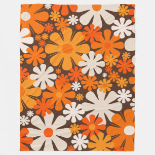 Retro Flowers 60s 70s Floral Pattern Brown Oranje Fleece Deken