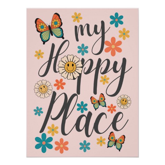 Retro Flowers Butterfly Wall Poster Art (Devant)