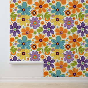 Retro Flowers Sinaasappel Lila en Groen Behang
