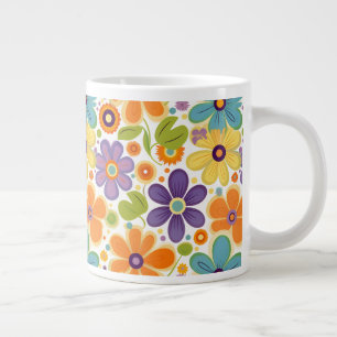 Retro Flowers Sinaasappel Lila en Groen Extra Grote Beker