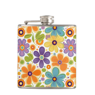 Retro Flowers Sinaasappel Lila en Groen Heupfles