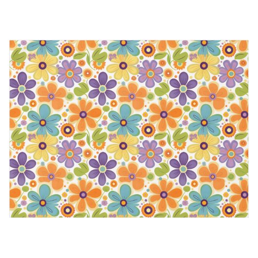 Retro Flowers Sinaasappel Lila en Groen Tafelkleed (Voorkant (Horizontaal))