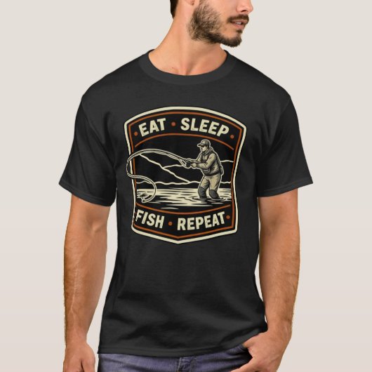 Retro fly fishing design eat sleep fish repeat t-shirt (Voorkant)
