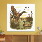 Retro Flying Mallard Duck Hunting Canvas Afdruk (Insitu (Woonkamer))