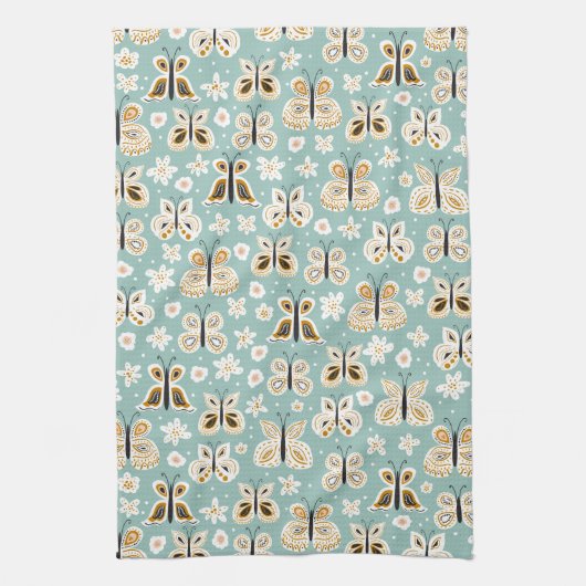 Retro Folk Art Butterflies Theedoek (Verticaal)