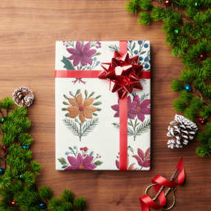Retro Folk Bloem Kerstmis Cadeaupapier