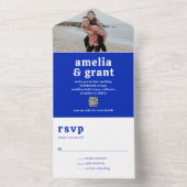 Retro Font Royal Blue QR Code Foto Moderne bruilof All In One Uitnodiging (Binnen)
