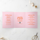 Retro Font Sinaasappel en Roze QR Code Fotobruilof Drieluik Uitnodiging (Binnen)