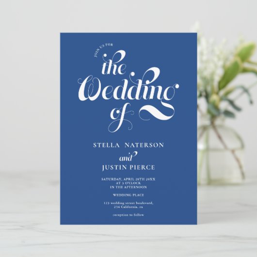 Retro foto wit blauw script bruiloft Qr code Kaart (Staand voorkant)