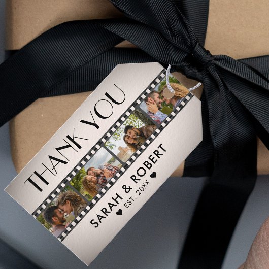 Retro fotocollage filmstrip dank u bruiloft cadeaulabel