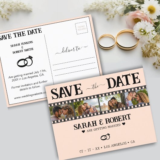 Retro fotofilmstrook trouwkaart Save the Date Briefkaart