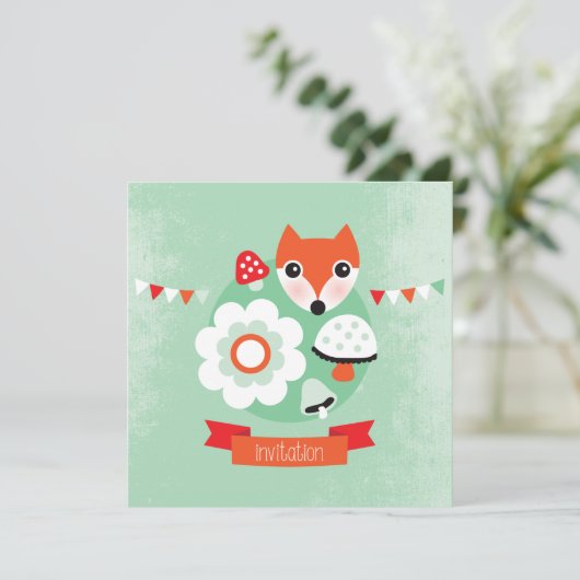 Retro fox kinderen verjaardagsuitnodiging kaart (Staand voorkant)