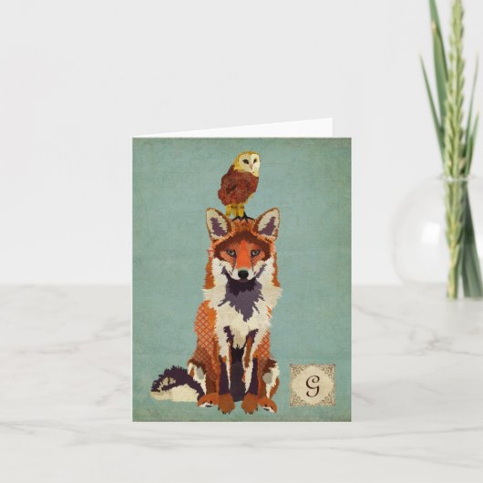 Retro Fox & Uil Monogram Notecard Notitiekaartje (Voorkant)