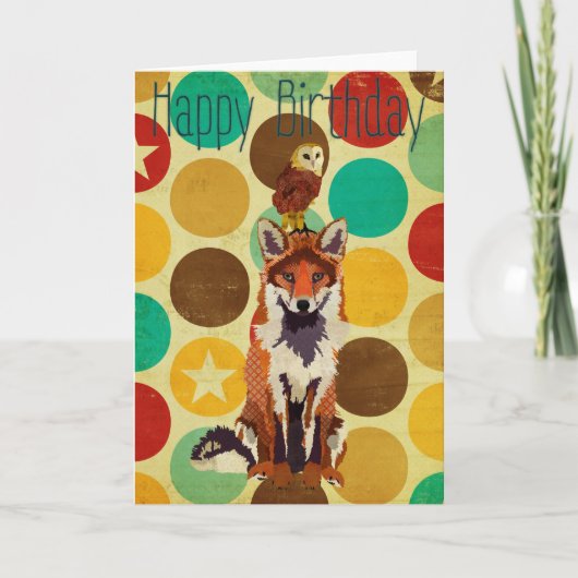 Retro Fox & Uil Verjaardag Kaart (Voorkant)