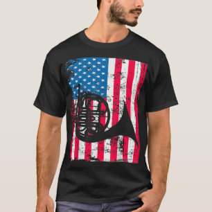 Retro French Horn US Flag Music Artwork Ju T-shirt