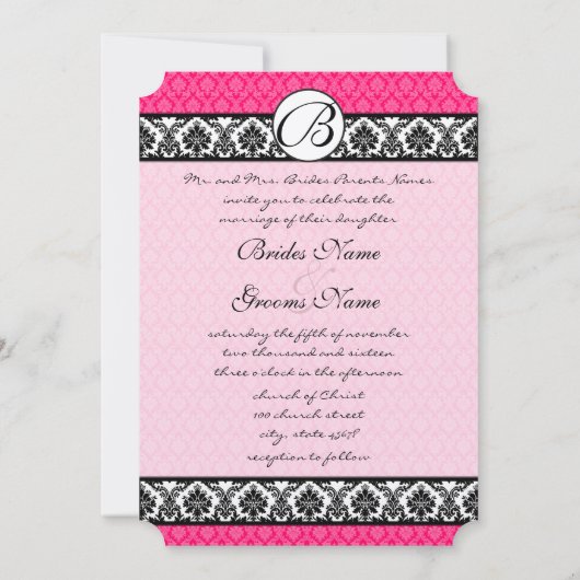 Retro Fuchsia Pink & Black Damask Wedding Kaart (Achterkant)