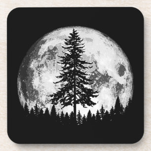 Retro Full Moon & Minimalist Pine Tree Gra Bier Onderzetter