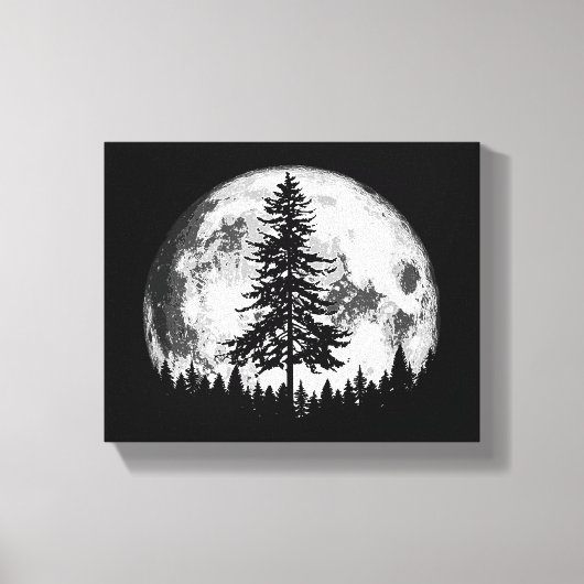 Retro Full Moon & Minimalist Pine Tree Gra Canvas Afdruk (Voorkant)