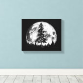Retro Full Moon & Minimalist Pine Tree Gra Canvas Afdruk (Insitu (Houten vloer))