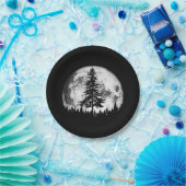 Retro Full Moon & Minimalist Pine Tree  Gra Papieren Bordje (Feest)