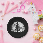 Retro Full Moon & Minimalist Pine Tree  Gra Papieren Bordje (Feest)