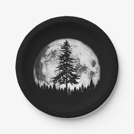 Retro Full Moon & Minimalist Pine Tree  Gra Papieren Bordje (Voorkant)