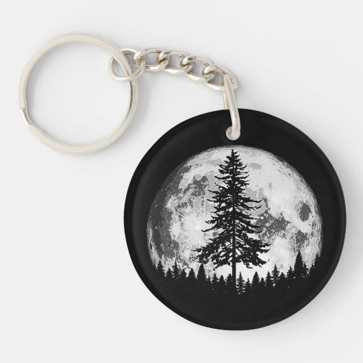 Retro Full Moon & Minimalist Pine Tree  Gra Sleutelhanger (Voorkant)