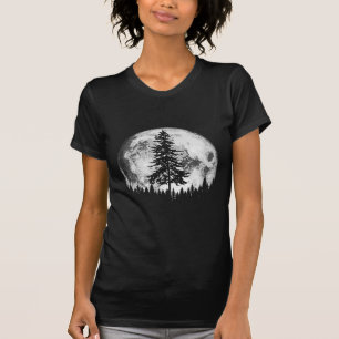 Retro Full Moon & Minimalist Pine Tree Gra T-shirt