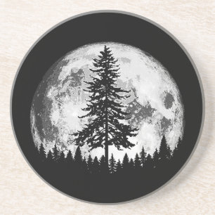 Retro Full Moon & Minimalist Pine Tree Gra Zandsteen Onderzetter