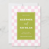 Retro Fun Pink & Green Checkerboard Check Wedding Save The Date (Voorkant)