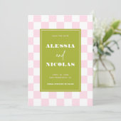 Retro Fun Pink & Green Checkerboard Check Wedding Save The Date (Staand voorkant)