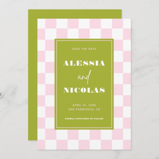Retro Fun Pink & Green Checkerboard Check Wedding Save The Date (Voorkant / Achterkant)