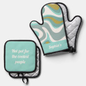 Retro Funky Blauwe en Gouden Kleur Ovenwant & Pannenlap Set (Voorkant / Achterkant)