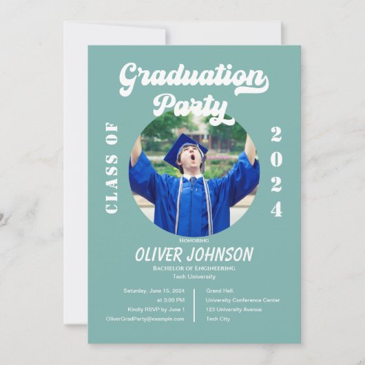 Retro Funky Blue en Gold Afstuderen Invitation Kaart (Voorkant)