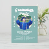 Retro Funky Blue en Gold Afstuderen Invitation Kaart (Staand voorkant)