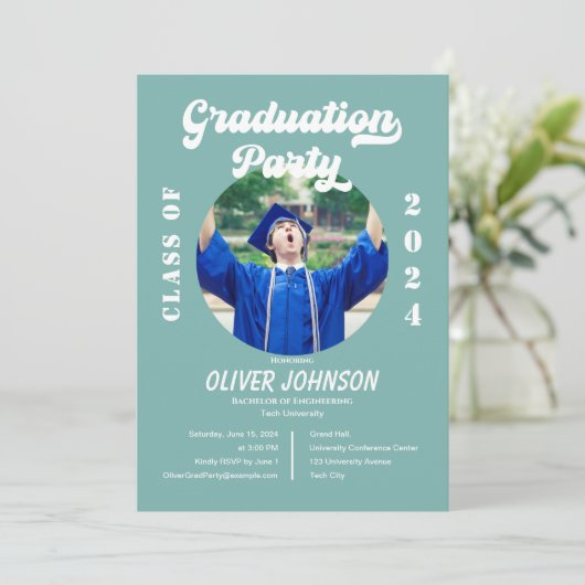 Retro Funky Blue en Gold Afstuderen Invitation Kaart (Staand voorkant)