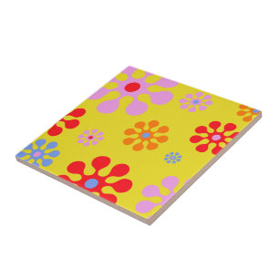 Retro Funky Flower Pattern Yellow Trivet Tegeltje