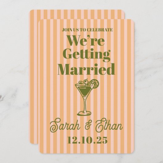 Retro Funky Gestreepte Roze Sinaasappel Bruiloft Kaart (Voorkant / Achterkant)