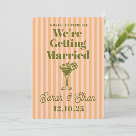 Retro Funky Gestreepte Roze Sinaasappel Bruiloft Kaart (Staand voorkant)