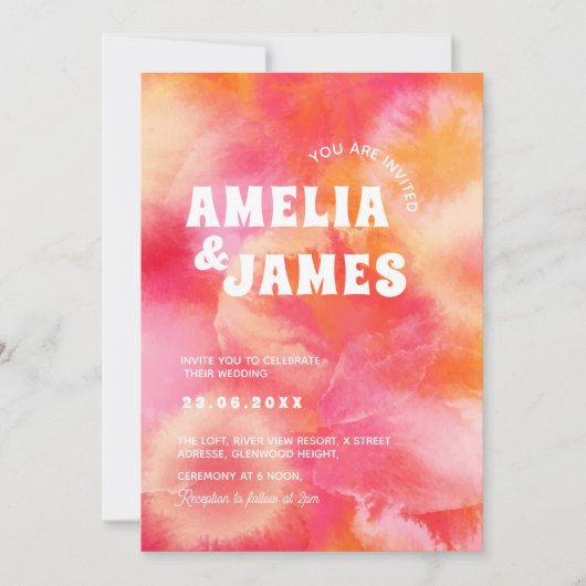 Retro Funky Modern roze sinaasappel bruiloft Kaart (Voorkant)