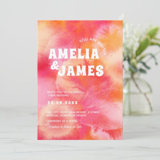 Retro Funky Modern roze sinaasappel bruiloft Kaart (Staand voorkant)