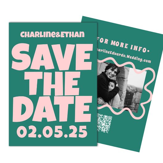 Retro Funky Pink Green Bewaar de datum QR-code Save The Date
