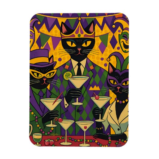 Retro Futuristic Mardi Gras Black Cat Martini Club Magneet (Verticaal)