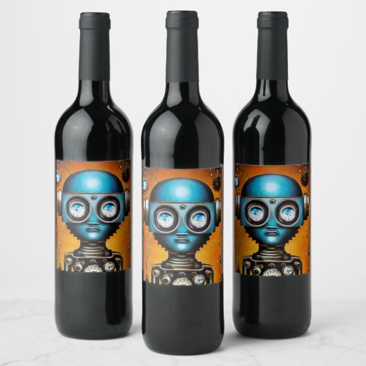 Retro Futuristic Robot Wijn Etiket (Flessen)