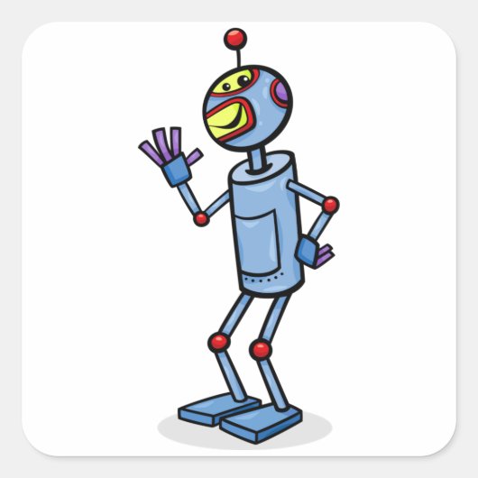 Retro Futuristisch Robot Karakter dat Zwaait Vierkante Sticker (Voorkant)
