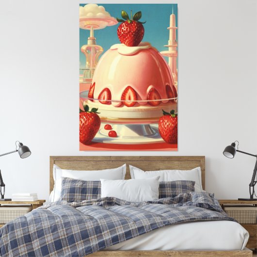 Retro futuristische aardbeientaart Canvas Print (Insitu (Slaapkamer))
