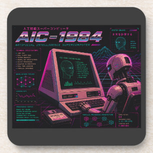 Retro Futuristische AI Robot Computer Vaporwave Ne Bier Onderzetter