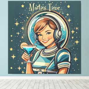 Retro Futuristische Astro Meisje Martini Tijd Canvas Afdruk
