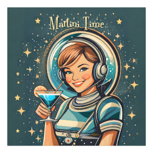 Retro Futuristische Astro Meisje Martini Tijd Foto Afdruk