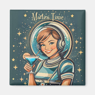 Retro Futuristische Astro Meisje Martini Tijd Magneet